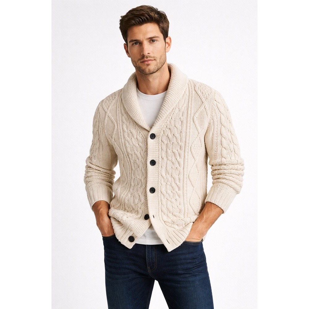 Zara Man Cable Knit Fishermans Preppy Sweater Med Chunky Button Front Sweater
